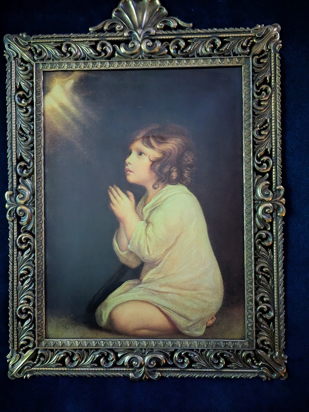 Antique-Style Framed Prayer Child Art Print in Cream and Gold.